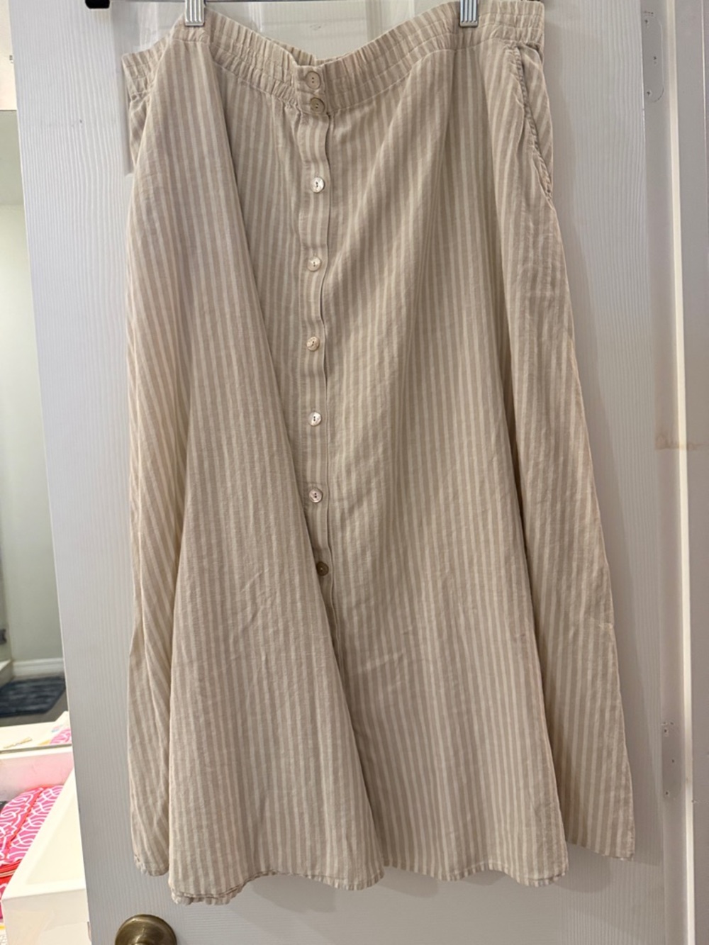 Button-Front Beige Striped A-Line Skirt